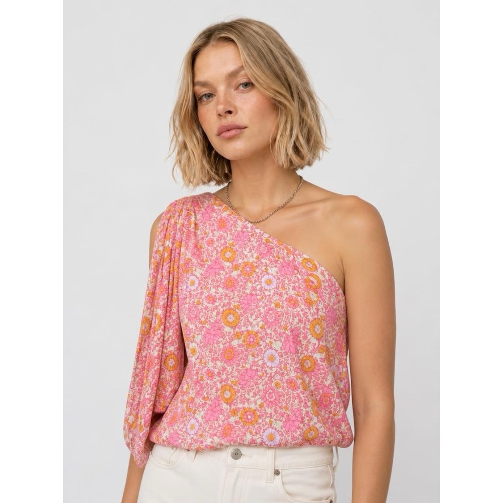 Blue B One Shoulder Top Womens Small Pink Orange Floral Excellent 32980T Boho